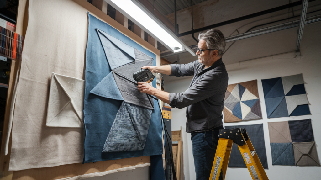 Man crafting textile wall art 