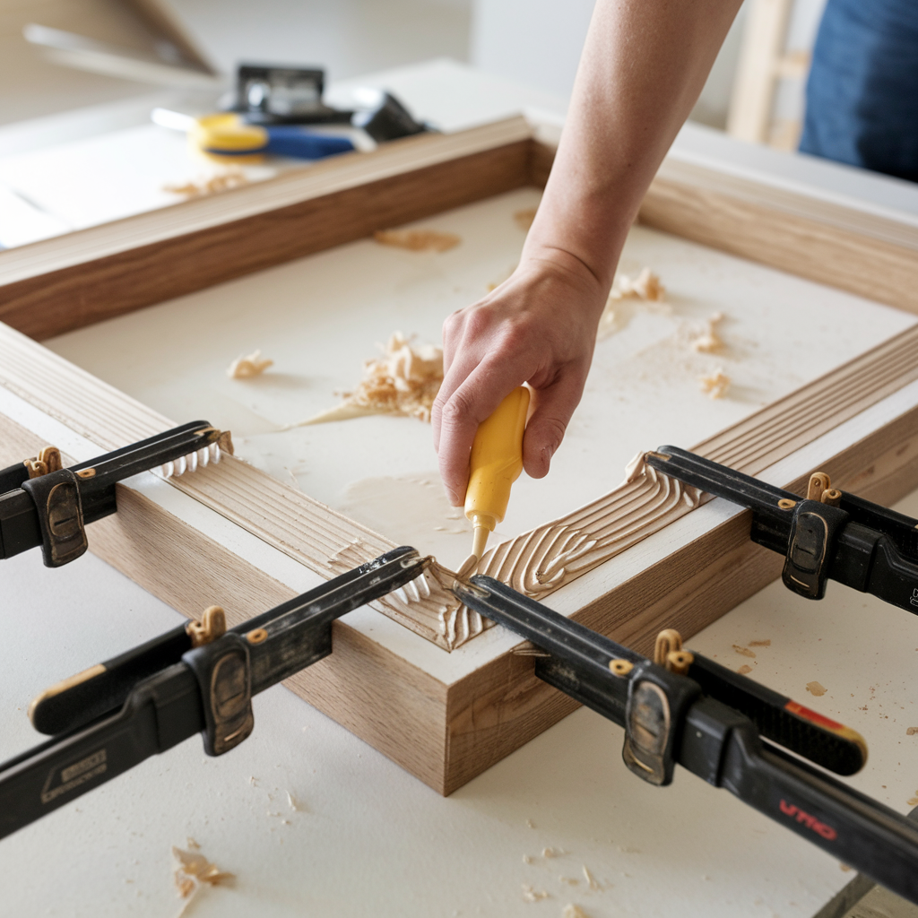 DIY frame assembly in progress. A person is applying adhesive to the mitered edges of wooden frame pieces,