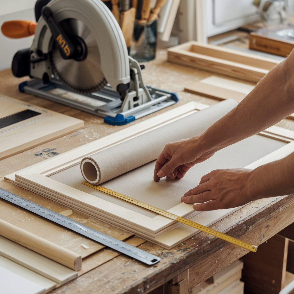 A person measuring a rolled canvas with a tape measure, marking wooden pieces for cutting in a well-lit DIY workspace filled with tools and materials