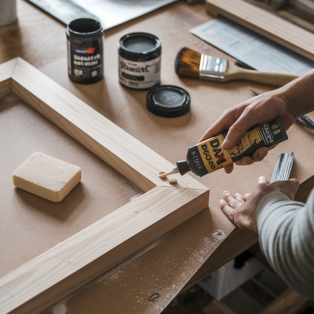  a person filling nail holes in a wooden frame with DAP Plastic Wood-X