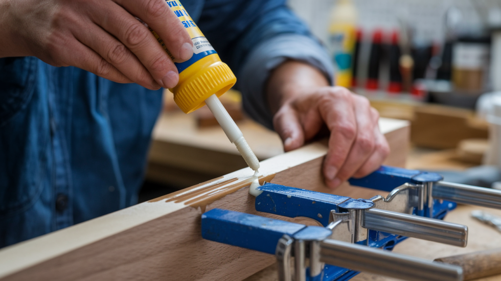 Image of wood pieces being glued together with wood glue for DIY wood wall art, using clamps to secure the pieces as the glue sets for a strong bond.