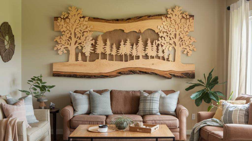 Natural landscape wood wall art with carved mountains and trees, adding a serene, nature-inspired touch to any room