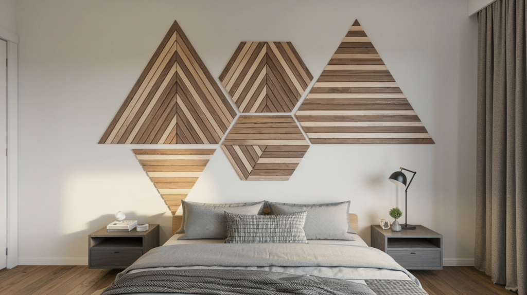 Minimalist wood wall art with simple geometric shapes, adding a clean and modern touch to a living room wall.