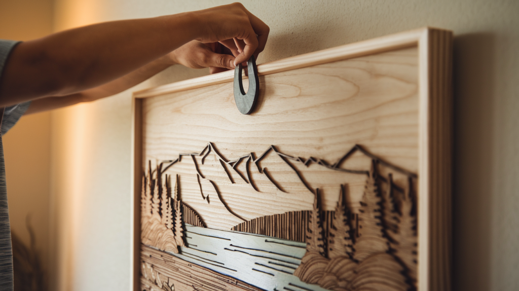 Image of a person attaching a sawtooth hanger to the back of DIY wood wall art, preparing it for easy hanging on a wall once fully dried.