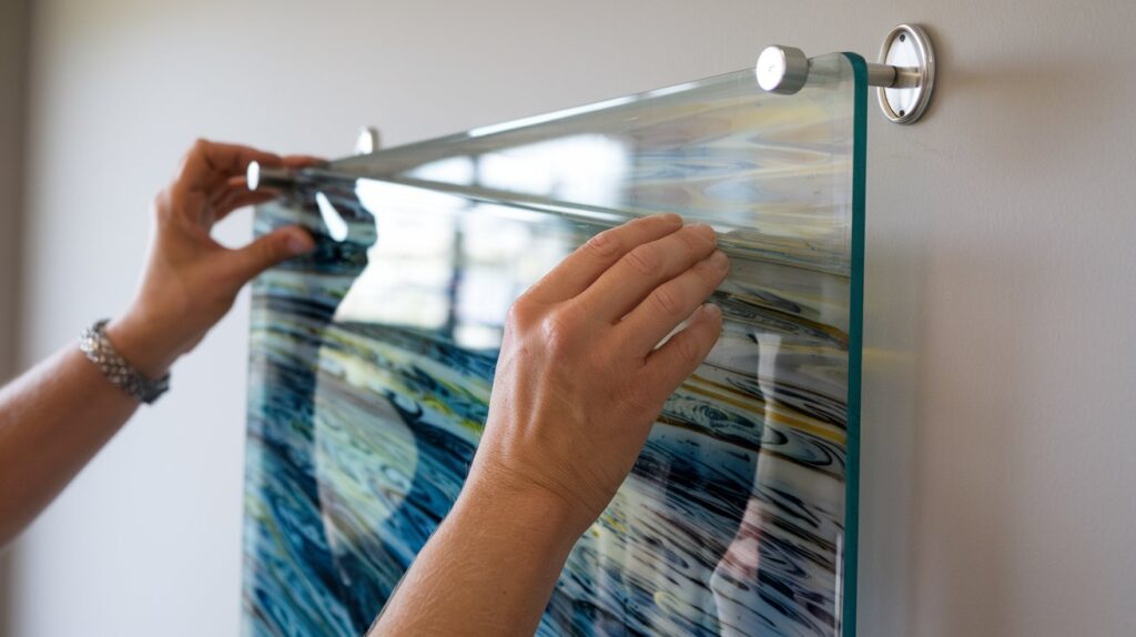 glass wall art hanged with Edge-Grip Stand-Off Mounts