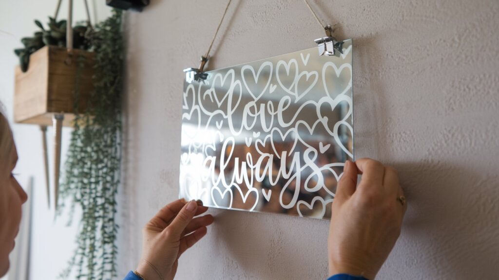 A person attaching thin glass wall art to a wall with mirror clips, ensuring it stays flush and stable.