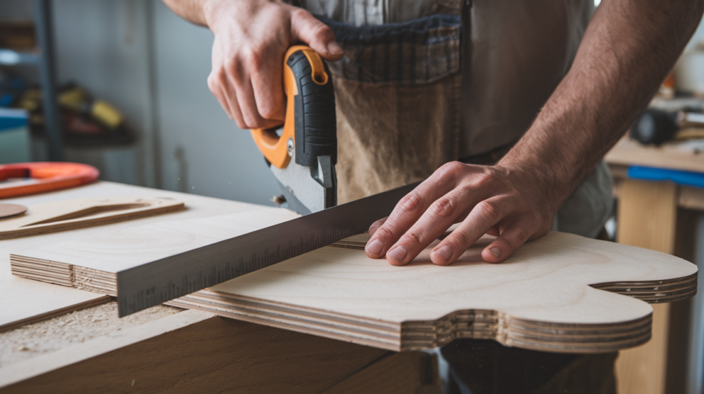 Image of a person cutting plywood with a saw for DIY wood wall art, using a ruler for precise, straight cuts to create geometric shapes.