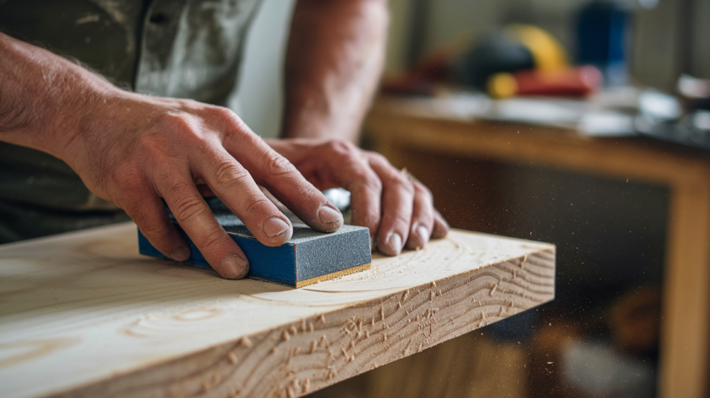 Image of a person sanding the edges of cut wood with sandpaper, smoothing rough areas to achieve a polished, clean finish for DIY wood wall art.