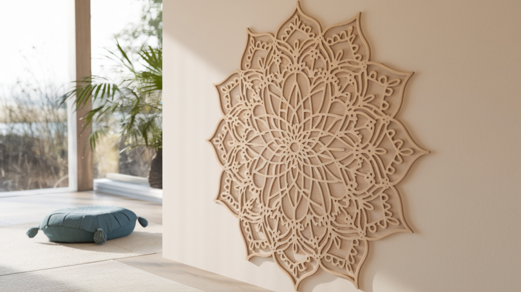 Wood wall art with a mandala design, featuring intricate details for a bohemian and earthy look.