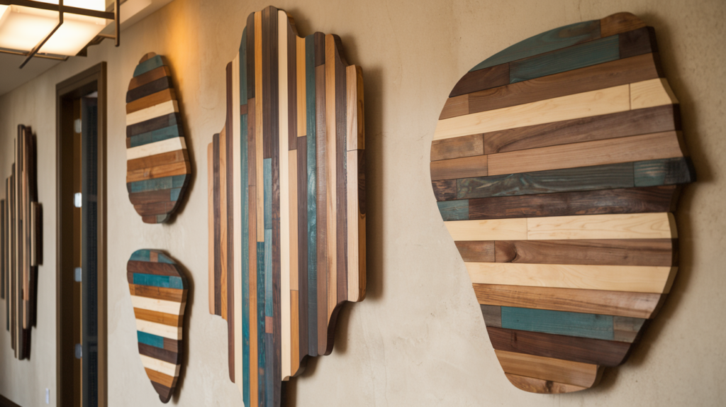 Abstract wood wall art with varied wooden panels in different shades, creating depth and visual interest.