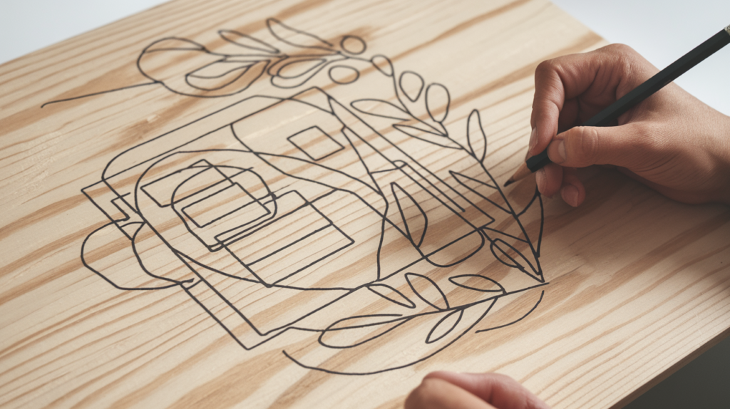 Image of a person sketching a geometric design on wood with a pencil for DIY wood wall art, planning shapes and minimalist patterns before cutting.