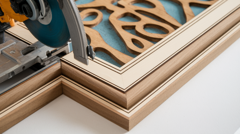 Image of a person framing DIY wood wall art with moulding, gluing the edges together, and preparing the final piece for display with a polished finish.