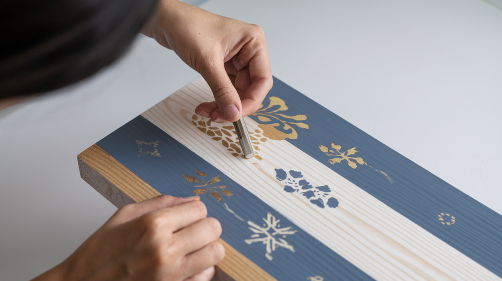 Image of a person adding decorative details like metallic accents or painted designs to wood wall art, creating a contrast with painted surfaces and natural wood.