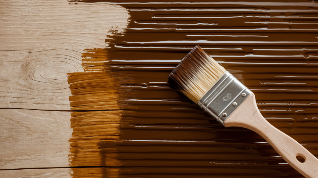 An image of wood being painted or stained with acrylic paint or wood stain, showing even application with a brush, and the wood drying after the finish is applied.