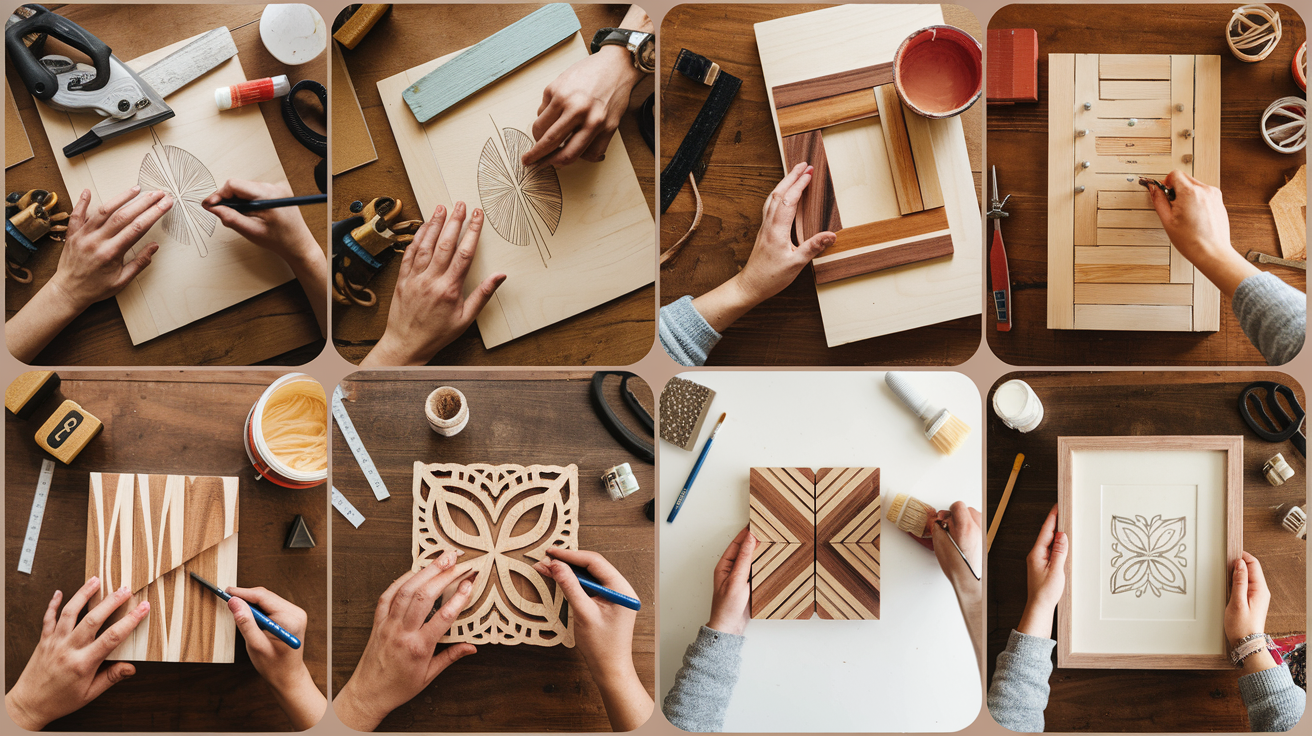 DIY wood wall art project showing stages like sketching, cutting, sanding, and painting with tools like saw, sandpaper, and wood glue.