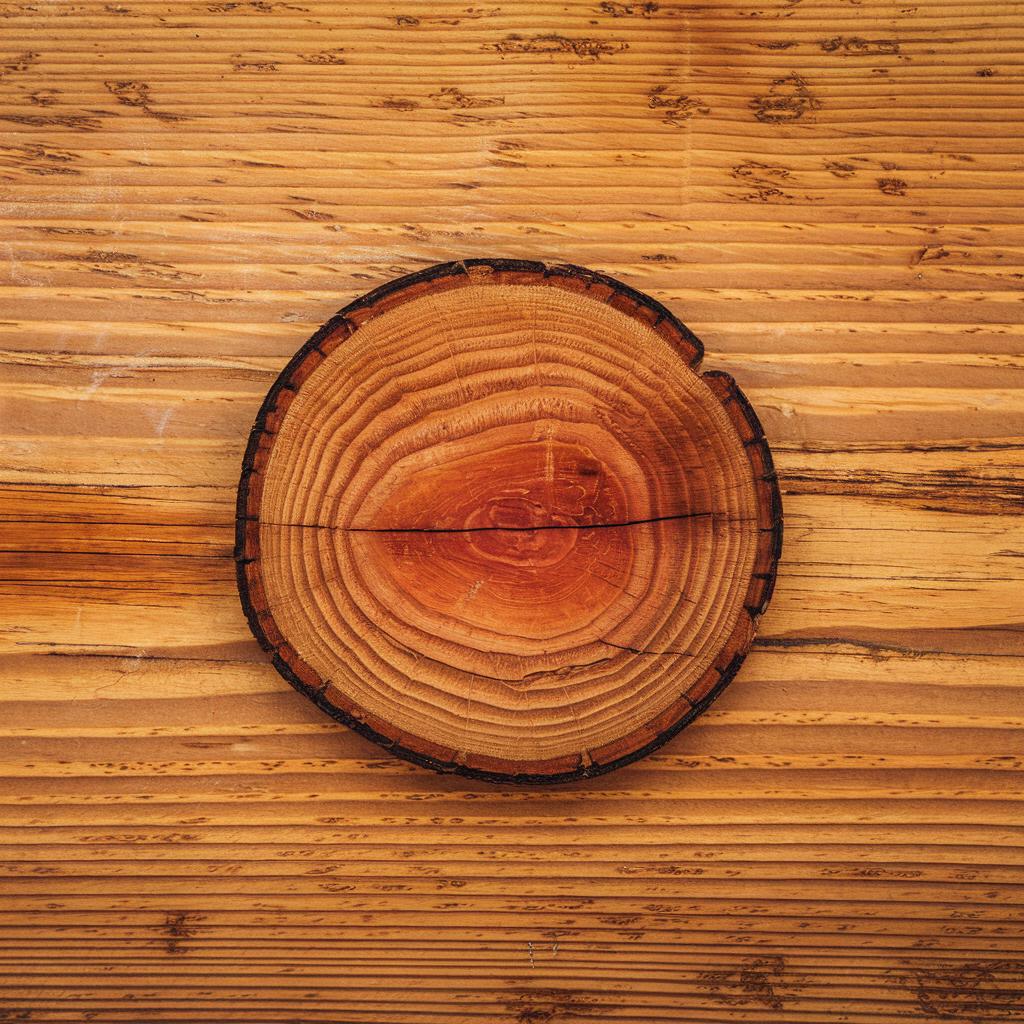 Cedar wood with a rich, reddish hue and natural resistance to rot, perfect for outdoor or indoor wall art.
